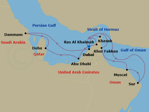 15 Night - An Extended Journey of Arabian Landscapes, Cultures & Architectural Legends - EXPLORA I - Starting in Dubai, Ad Dammam, Doha, Abu Dhabi, Ras Al Khaimah, Dubai, New Year Fireworks Dxb, Sur, Muscat, Khor Fakkan, Khasab, Dubai itinerary map