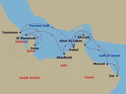 14 Night - An Extended Journey of Desert Elegance & Ocean Grace - EXPLORA I - Starting in Dubai, Abu Dhabi, Bahrain, Doha, Ad Dammam, Dubai, Sur, Muscat, Khor Fakkan, Khasab, Dubai itinerary map
