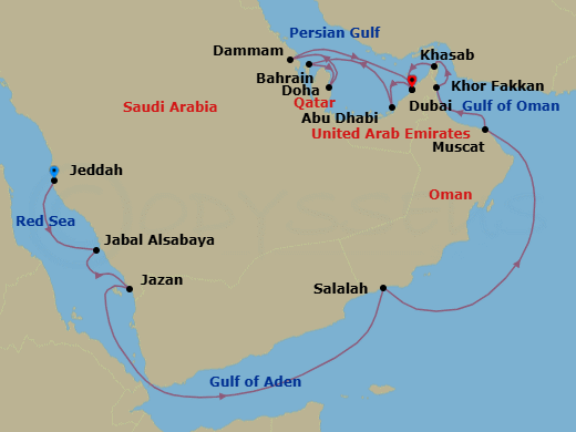 18 Night - An Extended Journey from the Sparkling Shores of Jeddah to the Sunlit Persian Gulf - EXPLORA I - Starting in Jeddah, Jabal Sabaya, Jazan, Salalah, Muscat, Khor Fakkan, Khasab, Dubai, Abu Dhabi, Bahrain, Doha, Ad Dammam, Dubai itinerary map