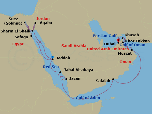 20 Night - An Extended Journey of Ancient Arabian Mystique & Modern Marvels - EXPLORA I - Starting in Jeddah, Luxor (Safaga), Sokhna, Sharm El-Sheikh, Aqaba (Petra), Jeddah, Jabal Sabaya, Jazan, Salalah, Muscat, Khor Fakkan, Khasab, Dubai itinerary map