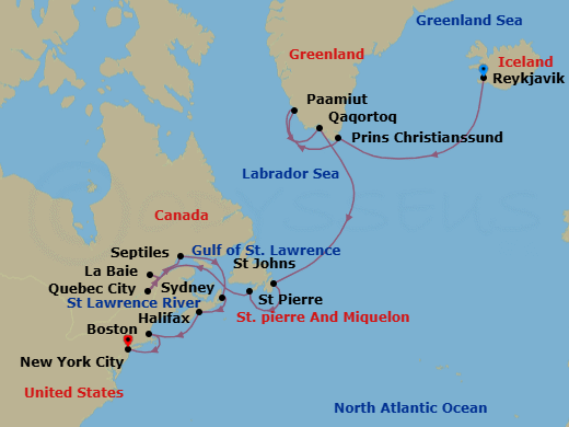 21 Night - A Grand Journey Through Epic Landscapes, Dramatic Waterways & Storied Cities - EXPLORA IV - Starting in Reykjavik, Sailing Prince Christian Sund, Paamiut, Qaqortoq (Julianehab), St Johns NF, Newfoundland, St Pierre, Quebec City, La Baie (Saguenay), Sept-Iles, Sydney CA, Halifax, Boston, New York City itinerary map