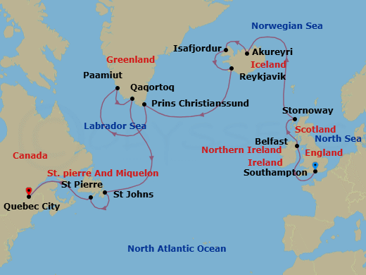 19 Night - A Grand Journey of Nature, Culture & Historic Northern Treasures - EXPLORA IV - Starting in Southampton, Belfast, Stornoway (Isle of Lewis), Akureyri, Isafjordur, Reykjavik, Sailing Prince Christian Sund, Paamiut, Qaqortoq (Julianehab), St Johns NF, Newfoundland, St Pierre, Quebec City itinerary map
