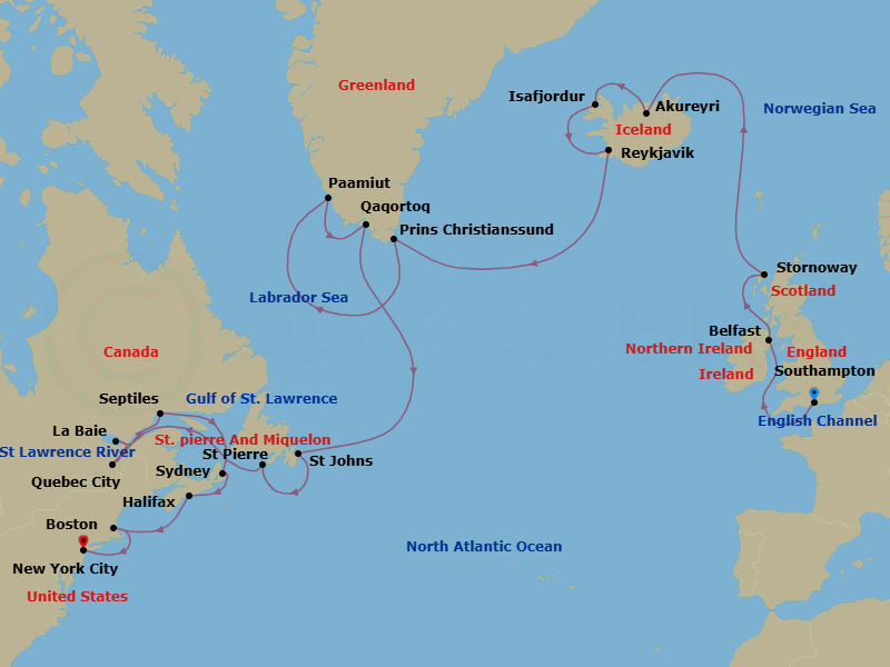 29 Night - A Grand Journey from Britain's Charms to New York's Wonders - EXPLORA IV - Starting in Southampton, Belfast, Stornoway (Isle of Lewis), Akureyri, Isafjordur, Reykjavik, Sailing Prince Christian Sund, Paamiut, Qaqortoq (Julianehab), St Johns NF, Newfoundland, St Pierre, Quebec City, La Baie (Saguenay), Sept-Iles, Sydney CA, Halifax, Boston, New York City itinerary map