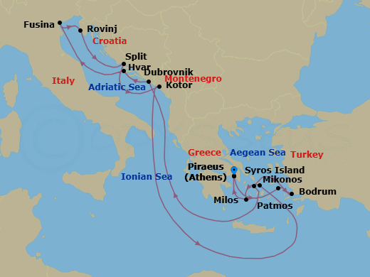 14 Night - An Extended Journey from Ancient Greek Spectacles to Volcanic Island Landscapes - EXPLORA II - Starting in Piraeus (Athens), Patmos, Bodrum, Syros (Syra), Dubrovnik, Croatia, Hvar, Fusina (Venice), Rovinj, Split, Kotor, Mykonos, Milos, Piraeus (Athens) itinerary map