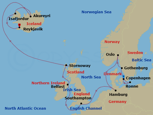 15 Night - An Extended Journey Through Nordic Capitals & Island Beauty - EXPLORA IV - Starting in Copenhagen, Ronne, Goteborg, Oslo, Hamburg, Southampton, Belfast, Stornoway (Isle of Lewis), Akureyri, Isafjordur, Reykjavik itinerary map