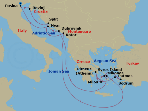 14 Night - A Journey Through Romantic Scenery & Sunlit Isles - EXPLORA II - Starting in Fusina (Venice), Rovinj, Split, Kotor, Mykonos, Milos, Piraeus (Athens), Patmos, Bodrum, Syros (Syra), Dubrovnik, Croatia, Hvar, Fusina (Venice) itinerary map