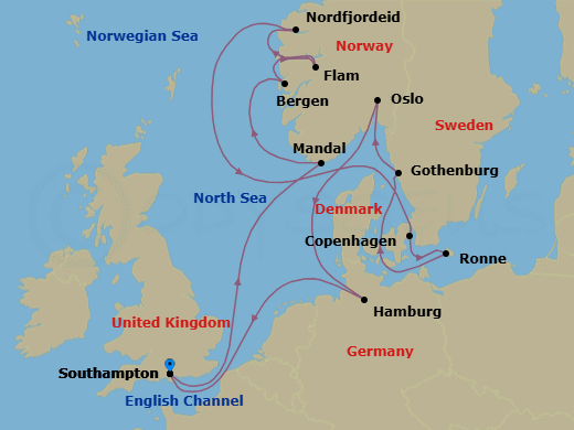 14 Night - An Extended Journey of Scandinavian Coastal Charm & Natural Wonder - EXPLORA IV - Starting in Southampton, Mandal, Bergen, Flam, Norway, Nordfjordeid, Copenhagen, Ronne, Goteborg, Oslo, Hamburg, Southampton itinerary map