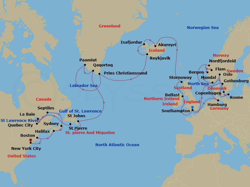 43 Night - A Grand Journey Through Europe's Fjords & North Atlantic Marvels - EXPLORA IV - Starting in Southampton, Mandal, Bergen, Flam, Norway, Nordfjordeid, Copenhagen, Ronne, Goteborg, Oslo, Hamburg, Southampton, Belfast, Stornoway (Isle of Lewis), Akureyri, Isafjordur, Reykjavik, Sailing Prince Christian Sund, Paamiut, Qaqortoq (Julianehab), St Johns NF, Newfoundland, St Pierre, Quebec City, La Baie (Saguenay), Sept-Iles, Sydney CA, Halifax, Boston, New York City itinerary map