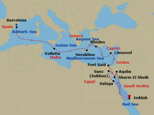 20 Night - A Grand Journey Through Storied Streets, Legendary Landmarks & Sunlit Vistas - EXPLORA I - Starting in Barcelona, La Valletta, Heraklion, Crete, Rhodes, Limassol, Port Said, Crossing the Suez Canal, Jeddah, Luxor (Safaga), Sokhna, Sharm El-Sheikh, Aqaba (Petra), Jeddah itinerary map