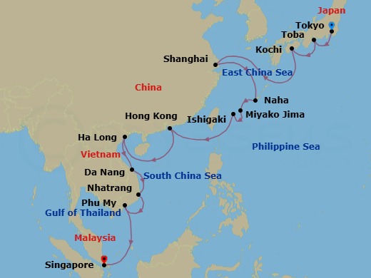 21 Night - An Extended Journey Through Asia's Unique Cultural & Coastal Splendours - EXPLORA III - Starting in Tokyo, Toba, Kochi, Shanghai, Naha, Okinawa, Miyako Jima, Ishigaki Island, Hong Kong, Ha Long, Da Nang, Nha Trang, Phu My, Singapore itinerary map