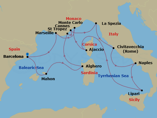 14 Night - An Extended Journey of Verdant Islands, Sandy Shores & Coastal Culture - EXPLORA I - Starting in Barcelona, Mahon (Menorca), Alghero (Sardinia), Saint-Tropez, Cannes, La Spezia, Civitavecchia (Rome), Port of Naples, Lipari (Aeolian Islands), Ajaccio (Corsica), Monte Carlo, Marseille, Barcelona itinerary map
