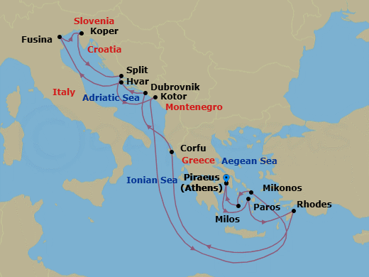 14 Night - An Extended Journey Through Timeless Beauty & Ancient Mediterranean Treasures - EXPLORA II - Starting in Piraeus (Athens), Paros, Rhodes, Corfu, Dubrovnik, Croatia, Hvar, Fusina (Venice), Koper, Split, Kotor, Mykonos, Milos, Piraeus (Athens) itinerary map