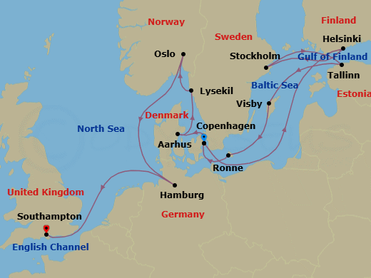 15 Night - An Extended Journey of Breathtaking Scandinavian Shores & Unique Baltic Traditions - EXPLORA IV - Starting in Copenhagen, Helsinki, Stockholm, Tallinn, Visby (Gotland), Ronne, Copenhagen, Aarhus, Lysekil (Gotland), Oslo, Hamburg, Southampton itinerary map