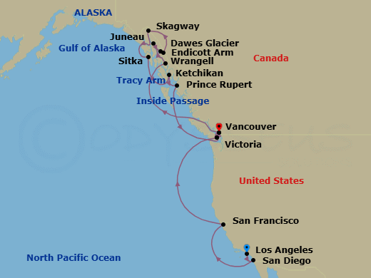 18 Night - A Grand Journey Through Pacific Cities, Untamed Wilderness & Glacial Wonder - EXPLORA III - Starting in Los Angeles, San Diego, San Francisco, Victoria CA, Vancouver, Wrangell, Juneau, Endicott Arm (Dawes Glacier), Sailing the Tracy Arm Fjord, Skagway, Sitka, Ward Cove / Ketchikan, Prince Rupert, Victoria CA, Vancouver itinerary map