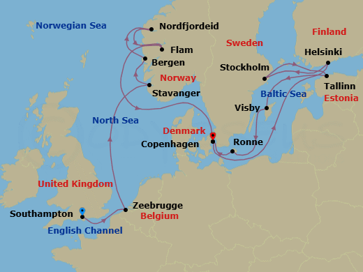 16 Night - An Extended Journey of Nordic Allure & Timeless Coastal Beauty - EXPLORA IV - Starting in Southampton, Bruges (Zeebrugge), Stavanger, Bergen, Nordfjordeid, Flam, Norway, Copenhagen, Helsinki, Stockholm, Tallinn, Visby (Gotland), Ronne, Copenhagen itinerary map