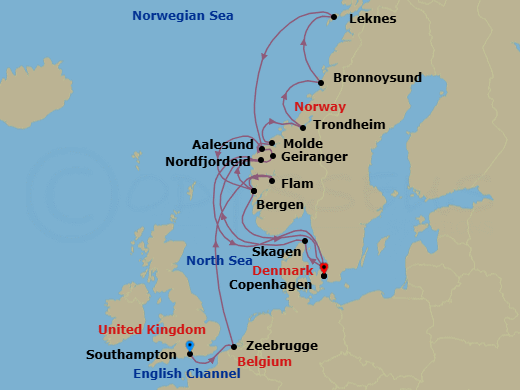 19 Night - An Extended Journey of Fjords, Legends & Northern Lights - EXPLORA IV - Starting in Southampton, Bruges (Zeebrugge), Flam, Norway, Bergen, Nordfjordeid, Copenhagen, Skagen, Geiranger, Norway, Molde, Trondheim, Bronnoysund, Leknes (Lofoten Islands), Alesund, Bergen, Copenhagen itinerary map