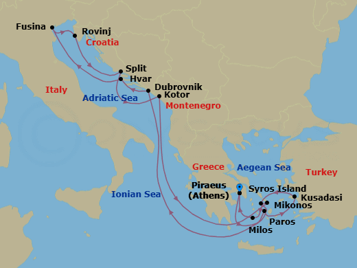 14 Night - An Extended Journey of Alluring Mediterranean Treasures - EXPLORA II - Starting in Piraeus (Athens), Paros, Kusadasi, Syros (Syra), Dubrovnik, Croatia, Hvar, Fusina (Venice), Rovinj, Split, Kotor, Mykonos, Milos, Piraeus (Athens) itinerary map
