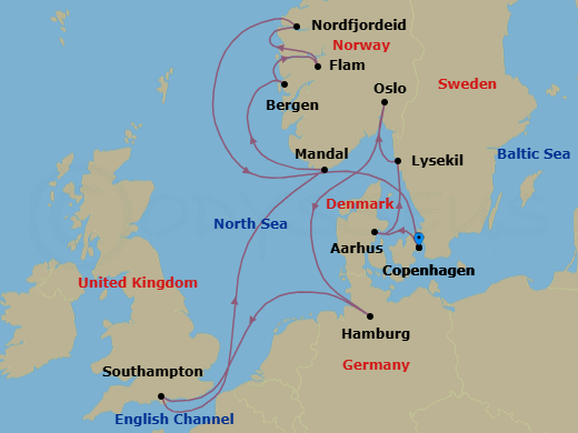 14 Night - An Extended Journey from Cosmopolitan Denmark to Norway's Coast - EXPLORA IV - Starting in Copenhagen, Aarhus, Lysekil (Gotland), Oslo, Hamburg, Southampton, Mandal, Bergen, Flam, Norway, Nordfjordeid, Copenhagen itinerary map