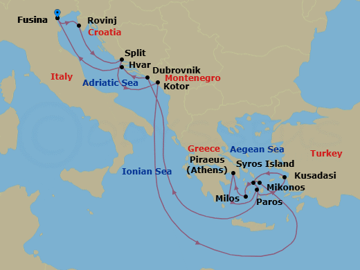 14 Night - An Extended Journey from Venetian Canals to Renaissance Island Marvels - EXPLORA II - Starting in Fusina (Venice), Rovinj, Split, Kotor, Mykonos, Milos, Piraeus (Athens), Paros, Kusadasi, Syros (Syra), Dubrovnik, Croatia, Hvar, Fusina (Venice) itinerary map