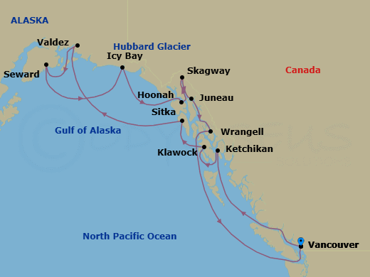 14 Night - An Extended Journey Through Alaska's Wild Beauty & Remarkable Heritage - EXPLORA III - Starting in Vancouver, Ketchikan, Klawock, Sitka, Sailing the Hubbard Glacier, Valdez, Seward, Icy Bay, Hoonah, Skagway, Juneau, Wrangell, Vancouver itinerary map