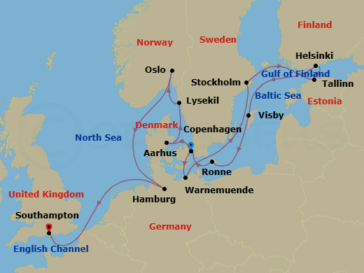 16 Night - An Extended Journey of Historic Cities, Spectacular Coastlines & Timeless Vistas - EXPLORA IV - Starting in Copenhagen, Berlin / Warnemunde, Stockholm, Tallinn, Helsinki, Visby (Gotland), Ronne, Copenhagen, Aarhus, Lysekil (Gotland), Oslo, Hamburg, Southampton itinerary map
