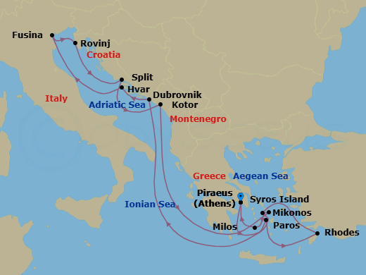 14 Night - An Extended Journey Through Scenic Aegean Beauty & Adriatic Legends - EXPLORA II - Starting in Piraeus (Athens), Paros, Rhodes, Syros (Syra), Dubrovnik, Croatia, Hvar, Fusina (Venice), Rovinj, Split, Kotor, Mykonos, Milos, Piraeus (Athens) itinerary map