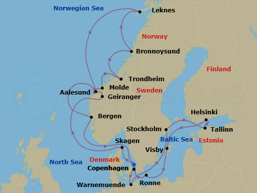 21 Night - An Extended Journey Through Nordic Fjords, Artistry & Coastal Charm - EXPLORA IV - Starting in Copenhagen, Skagen, Geiranger, Norway, Molde, Trondheim, Bronnoysund, Leknes (Lofoten Islands), Alesund, Bergen, Copenhagen, Berlin / Warnemunde, Stockholm, Tallinn, Helsinki, Visby (Gotland), Ronne, Copenhagen itinerary map