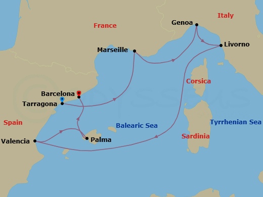 7 Night - Mediterranean - MSC Sinfonia - Starting in Tarragona, Spain, Marseille (Provence), France, Genoa (Portofino), Italy, Livorno (Florence), Italy, Valencia, Spain, Palma De Mallorca (Balearic Islands), Spain, Barcelona, Spain itinerary map