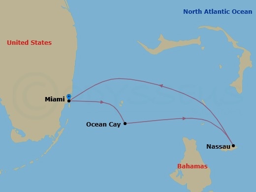 7 Night - Caribbean and Antilles - MSC Seaside - Starting in Miami, Florida, Ocean Cay Msc Marine Reserve, Bahamas, Nassau, Bahamas, Miami, Florida, Ocean Cay Msc Marine Reserve, Bahamas, Nassau, Bahamas, Miami, Florida itinerary map