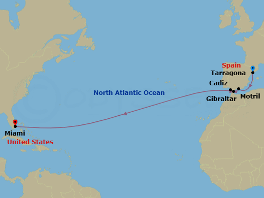 13 Night - Repo - Transatlantic - Norwegian Aura - Starting in Barcelona (Tarragona), Spain, Motril, Spain, Cadiz / Seville, Spain, Gibraltar, Miami, Fl itinerary map