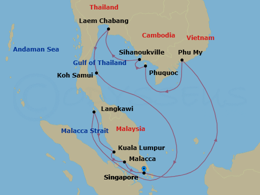 14 Night - An Extended Journey Through Southeast Asia's Heritage & Island Splendour - EXPLORA III - Starting in Singapore, Phu My, Phu Quoc, Sihanoukville, Bangkok / Laem Chabang, Koh Samui, Langkawi, Port Kelang (for Kuala Lumpur), Malacca, Singapore itinerary map
