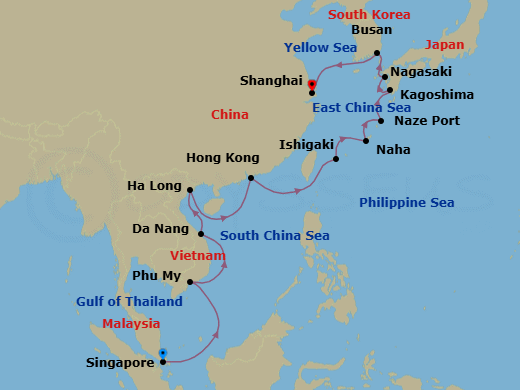 16 Night - An Extended Journey from Singapore's Marvels to the Towers of Shanghai - EXPLORA III - Starting in Singapore, Phu My, Da Nang, Ha Long, Hong Kong, Ishigaki Island, Naha, Okinawa, Naze (Amami Islands), Kagoshima, Nagasaki, Busan (Pusan), Shanghai itinerary map