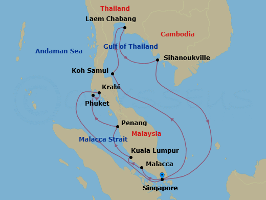 14 Night - An Extended Journey from Singapore's Lush Gardens to the Vibrant Cambodian Coast - EXPLORA III - Starting in Singapore, Malacca, Port Kelang (for Kuala Lumpur), Penang (Georgetown), Phuket, Krabi, Singapore, Koh Samui, Bangkok / Laem Chabang, Sihanoukville, Singapore itinerary map