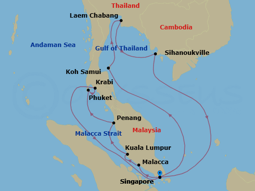 14 Night - An Extended Journey of Southeast Asia's Cultural & Coastal Treasures - EXPLORA III - Starting in Singapore, Koh Samui, Bangkok / Laem Chabang, Sihanoukville, Singapore, Malacca, Port Kelang (for Kuala Lumpur), Penang (Georgetown), Phuket, Krabi, Singapore itinerary map