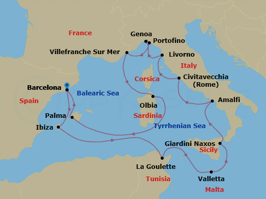 14 Night - An Extended Journey of Lively Medinas, Baroque Beauty & Roman Legends - EXPLORA I - Starting in Barcelona, Ibiza, Tunis / La Goulette, La Valletta, Giardini Naxos, Amalfi, Civitavecchia (Rome), Livorno (Florence), Genoa, Portofino, Villefranche-Sur-Mer (Nice), Olbia (Sardinia), Palma De Mallorca, Barcelona itinerary map