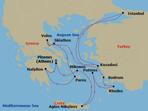 14 Night - An Extended Journey of Greek Isles, Turkish Landmarks & Classic Legends - EXPLORA II - Starting in Piraeus (Athens), Nafplion, Paros, Skiathos, Volos, Kusadasi, Istanbul, Bodrum, Rhodes, Patmos, Agios Nikolaos (Crete), Mykonos, Piraeus (Athens) itinerary map