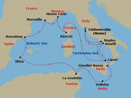 14 Night - An Extended Journey of Scenic Cities, Renowned Monuments & Spectacular Shorelines - EXPLORA I - Starting in Civitavecchia (Rome), Port of Naples, Lipari (Aeolian Islands), Ajaccio (Corsica), Monte Carlo, Marseille, Barcelona, Ibiza, Tunis / La Goulette, La Valletta, Giardini Naxos, Amalfi, Civitavecchia (Rome) itinerary map