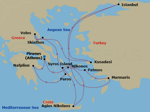 14 Night - An Extended Journey Through Sunlit Greek & Turkish Coastal Sights - EXPLORA II - Starting in Piraeus (Athens), Nafplion, Paros, Skiathos, Volos, Kusadasi, Istanbul, Marmaris, Patmos, Syros (Syra), Agios Nikolaos (Crete), Mykonos, Piraeus (Athens) itinerary map
