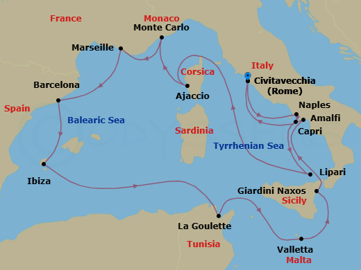 14 Night - An Extended Journey Through Mediterranean History, Culture & Coastal Beauty - EXPLORA I - Starting in Civitavecchia (Rome), Port of Naples, Capri, Lipari (Aeolian Islands), Ajaccio (Corsica), Monte Carlo, Marseille, Barcelona, Ibiza, Tunis / La Goulette, La Valletta, Giardini Naxos, Amalfi, Civitavecchia (Rome) itinerary map