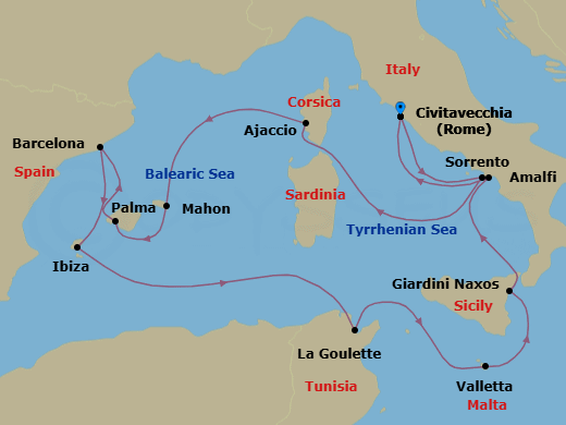13 Night - An Extended Journey from Roman Shores to Balmy Coastal Towns - EXPLORA I - Starting in Civitavecchia (Rome), Sorrento, Ajaccio (Corsica), Mahon (Menorca), Palma De Mallorca, Barcelona, Ibiza, Tunis / La Goulette, La Valletta, Giardini Naxos, Amalfi, Civitavecchia (Rome) itinerary map
