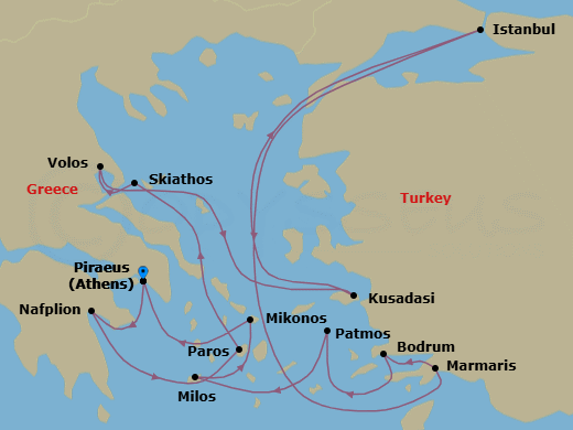 14 Night - An Extended Journey from the Shores of Athens to the Island of Mykonos - EXPLORA II - Starting in Piraeus (Athens), Nafplion, Paros, Skiathos, Volos, Kusadasi, Istanbul, Marmaris, Bodrum, Patmos, Milos, Mykonos, Piraeus (Athens) itinerary map