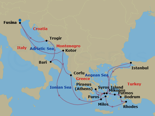 19 Night - An Extended Journey of Alluring Mediterranean Beauty & Timeless Intrigue - EXPLORA II - Starting in Fusina (Venice), Kotor, Corfu, Paros, Rhodes, Bodrum, Patmos, Syros (Syra), Piraeus (Athens), Istanbul, Mykonos, Milos, Bari, Trogir, Fusina (Venice) itinerary map