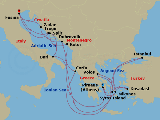 20 Night - An Extended Journey Through Storied Marble Streets & Ancient Echoes - EXPLORA II - Starting in Piraeus (Athens), Volos, Mykonos, Istanbul, Corfu, Kotor, Split, Fusina (Venice), Zadar, Dubrovnik, Croatia, Piraeus (Athens), Kusadasi, Syros (Syra), Bari, Trogir, Fusina (Venice) itinerary map