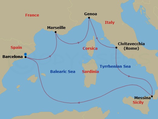 6 Night - Mediterranean - MSC World Europa - Starting in Barcelona, Spain, Marseille (Provence), France, Genoa (Portofino), Italy, Civitavecchia (Rome), Italy, Messina (Taormina), Italy, Barcelona, Spain itinerary map