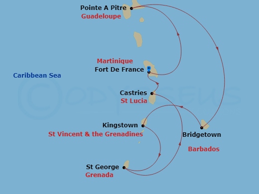 7 Night - South Caribbean - MSC World Europa - Starting in Fort-de-France, Martinique, Pointe-A-Pitre, Guadeloupe, Bridgetown, Barbados, Kingstown, St Vincent and the Grenadines, Saint George, Grenada, Castries, St Lucia, Fort-de-France, Martinique itinerary map