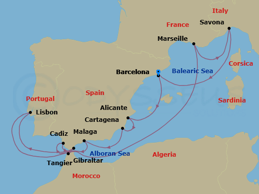 12 Night - Western Mediterranean from Barcelona - Costa Diadema - Starting in Barcelona, Alicante, Cartagena ES, Spain, Malaga, Tangier, Cadice, Gibraltar, Lisbon, Marseille, Savona, Barcelona itinerary map