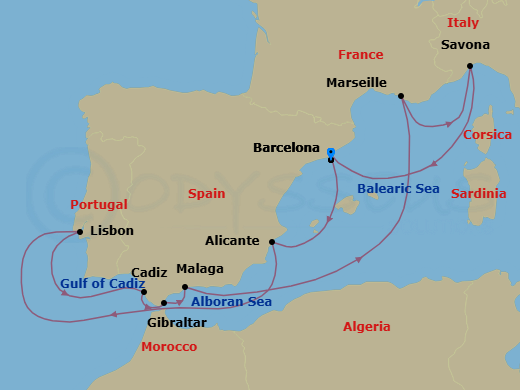 10 Night - Southern Europe Roundtrip from Barcelona - Costa Diadema - Starting in Barcelona, Alicante, Lisbon, Cadice, Gibraltar, Malaga, Marseille, Savona, Barcelona itinerary map