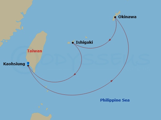 4 Night - Far East from Kaoshiung - Costa Serena - Starting in Kaohsiung, Okinawa (Naha), Ishigaki, Kaohsiung itinerary map