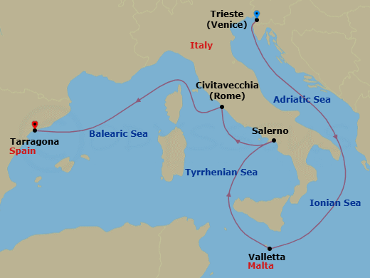 7 Night - Europe - Western Mediterranean - Barcelona - Norwegian Aura - Starting in Venice (Trieste), Italy, Valletta, Malta, Amalfi Coast (Salerno), Italy, Civitavecchia Rome, Italy, Barcelona (Tarragona), Spain itinerary map