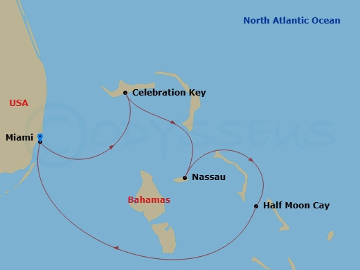 5 Night - Bahamas - Carnival Sunrise - Starting in Miami, Fl, Celebration Key, the Bahamas, Nassau, Bahamas, Relaxaway, Half Moon Cay, Miami, Fl itinerary map